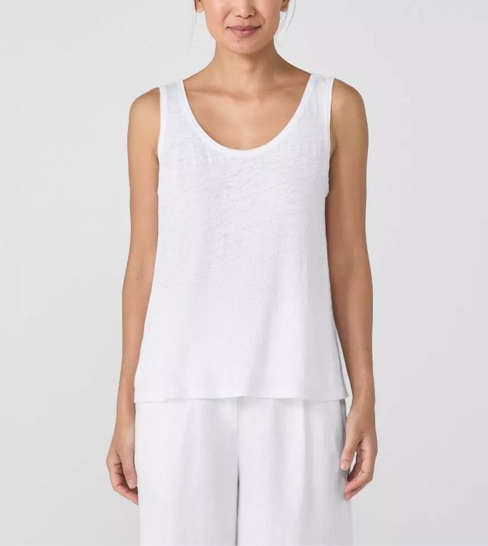 Eileen Fisher $98 Organic Linen Jersey Scoop Neck Tank top White 3X NEW